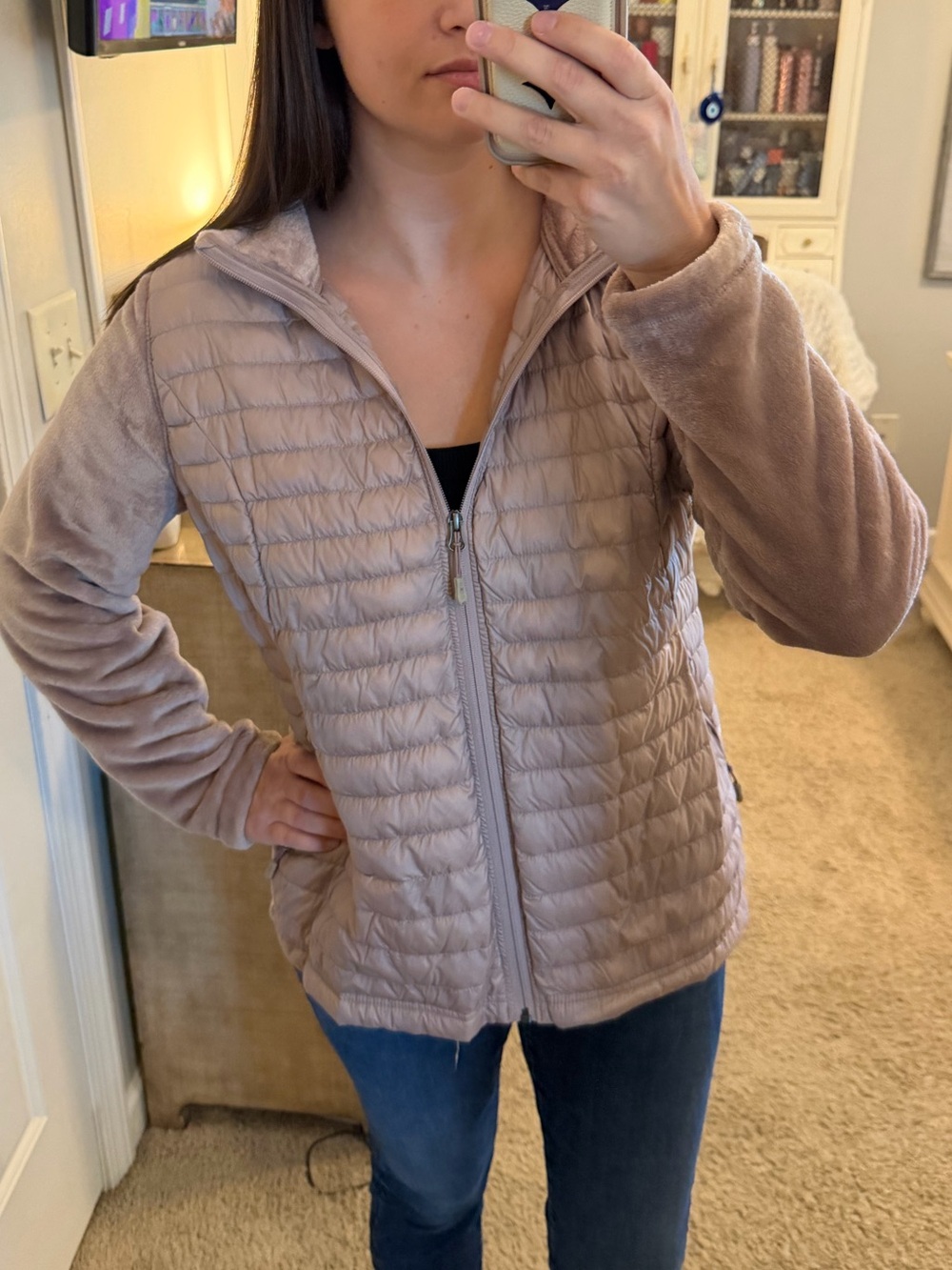 32 Degrees Quilted Hybrid Puffer Jacket in Mauve Taupe